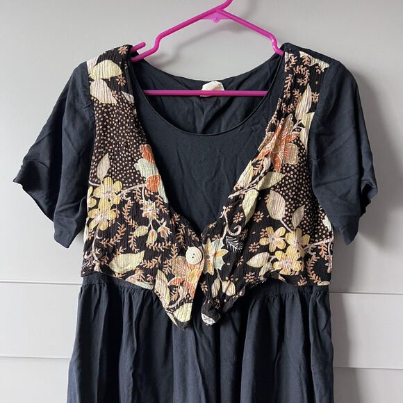 VINTAGE Sun Babies Hawaii Dress Womens Small Black Floral Patchwork Midi 90s - Picture 3 of 13